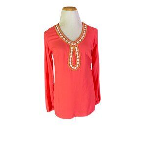 Lilly Pulitzer Size XS Coral Pink-Orange Long Sleeve Top Embellished Beaded